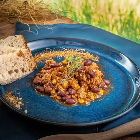 Chili con Carne auf einem blauen Teller angerichtet mit einer Brotscheibe, Hintergrund grüne Wiese